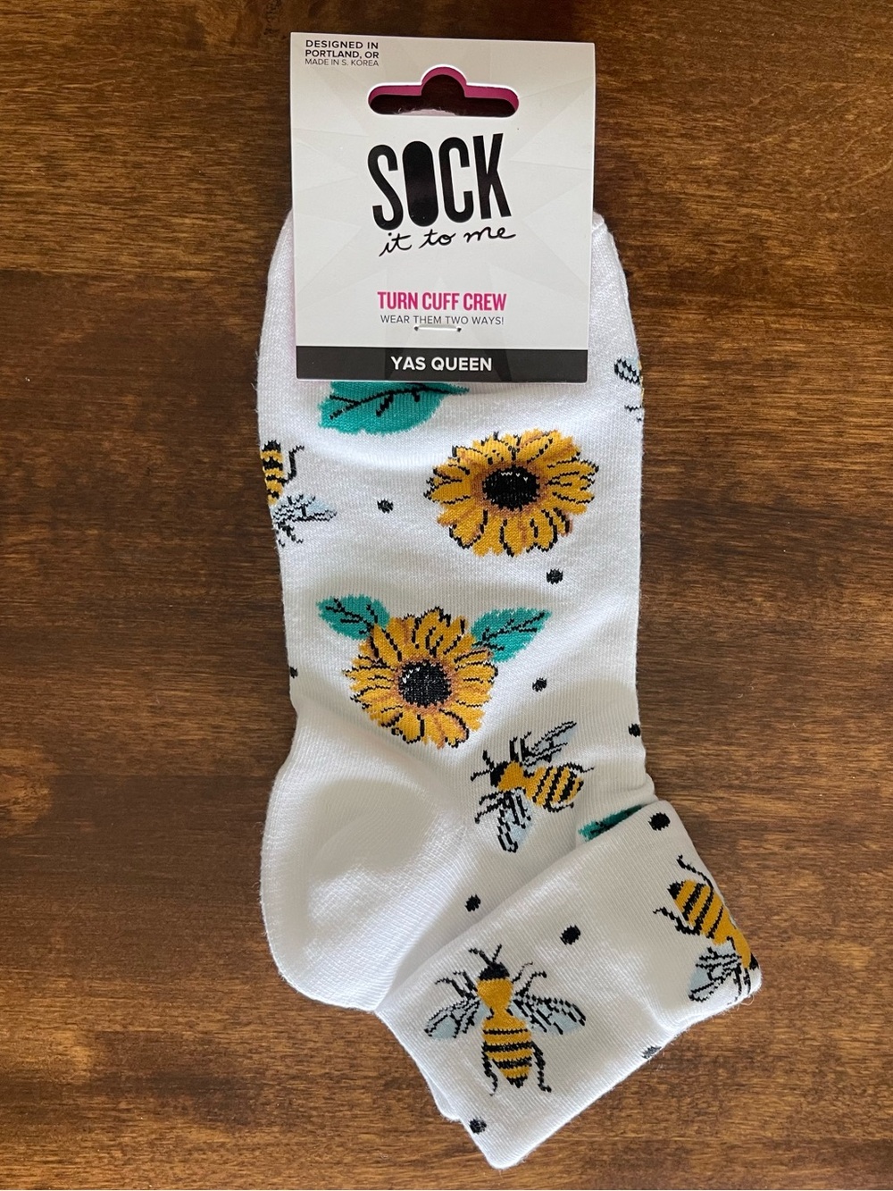 NWT 'Yas Queen' White Sunflower & Bee Crew Socks - Sock It To Me